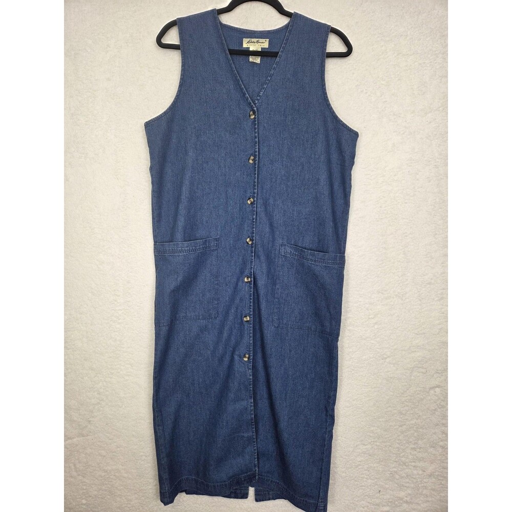 Eddie Bauer Denim‎ Dress PS Blue Cottagecore Button Sleeveless Pockets Cotton